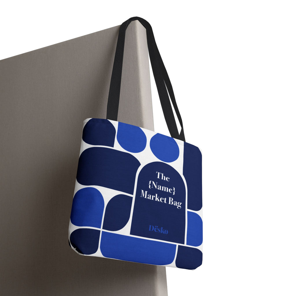 Personalized Blue Geometric Market Tote — Custom Name Grocery Bag