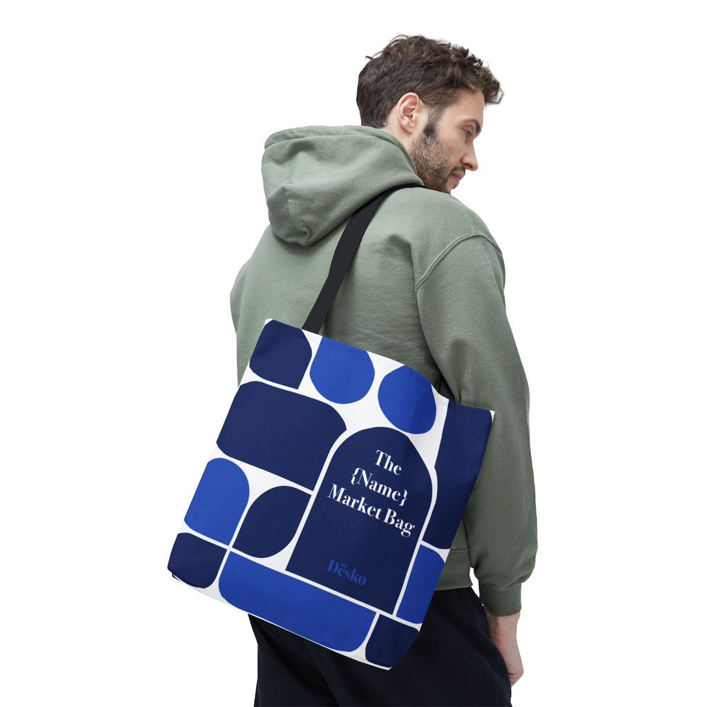 Personalized Blue Geometric Market Tote — Custom Name Grocery Bag
