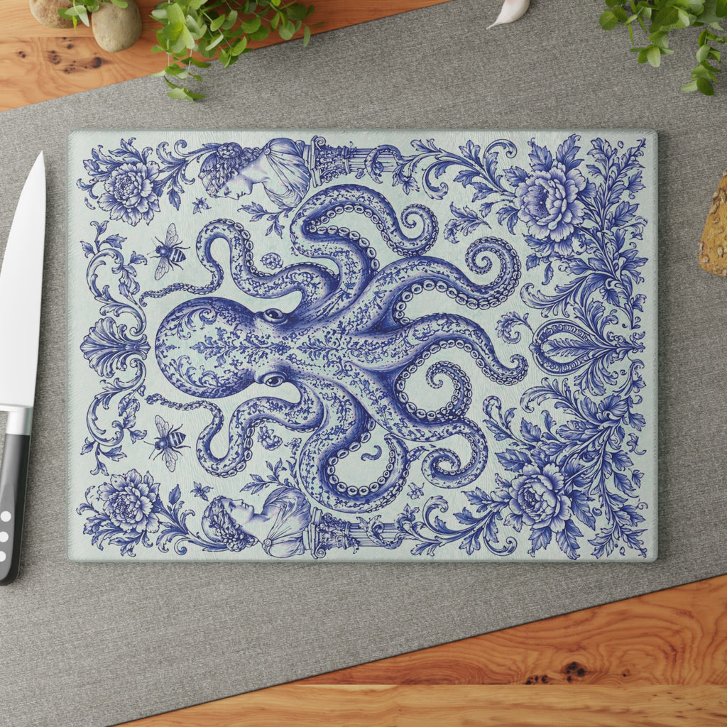 Glass Cutting Board — Blue Delft Octopus Decorative Kitchen Cutting Board