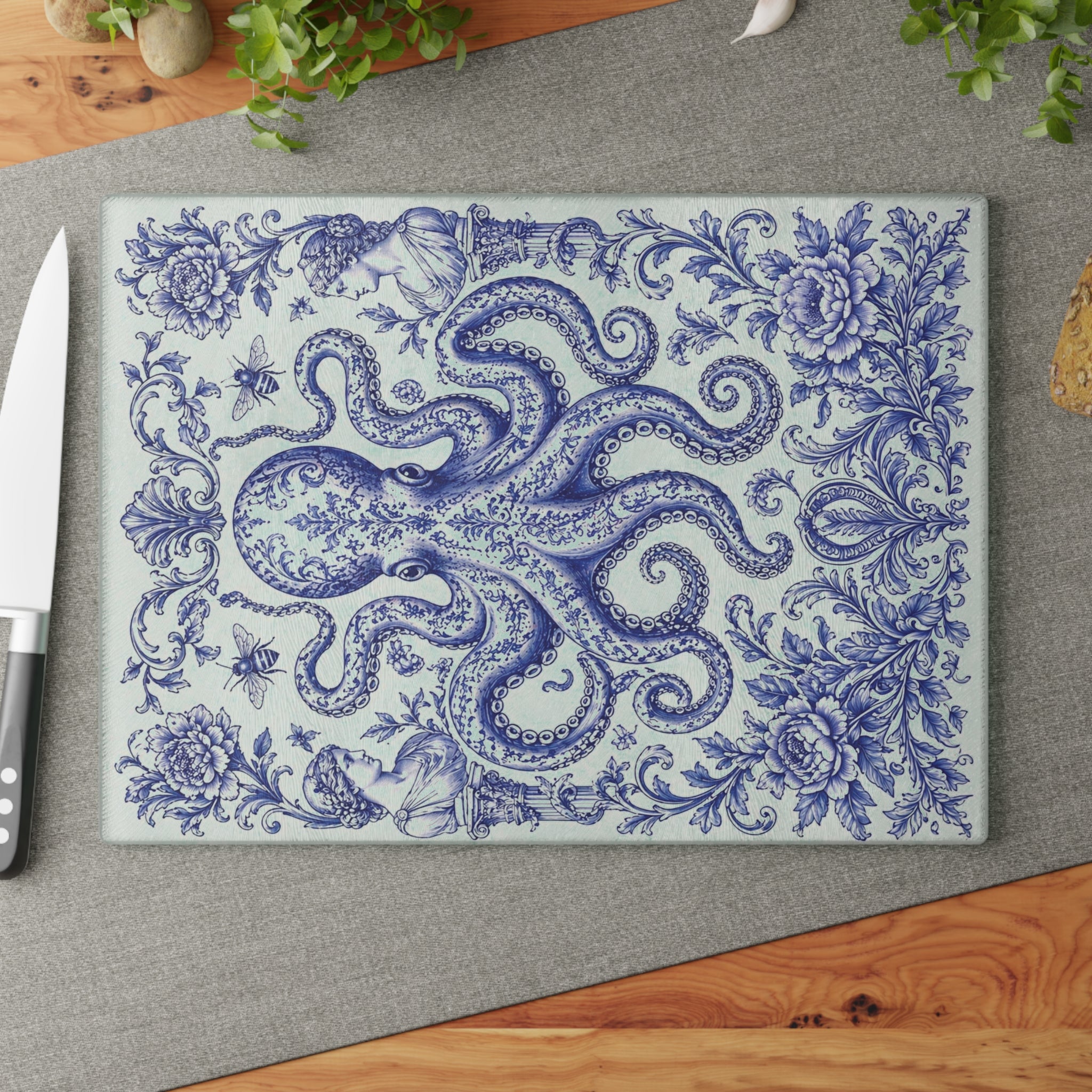 Glass Cutting Board — Blue Delft Octopus Decorative Kitchen Cutting Board