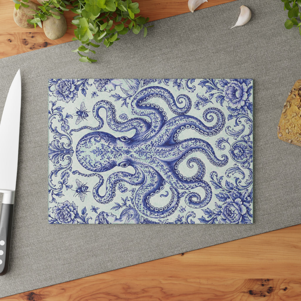 Glass Cutting Board — Blue Delft Octopus Decorative Kitchen Cutting Board