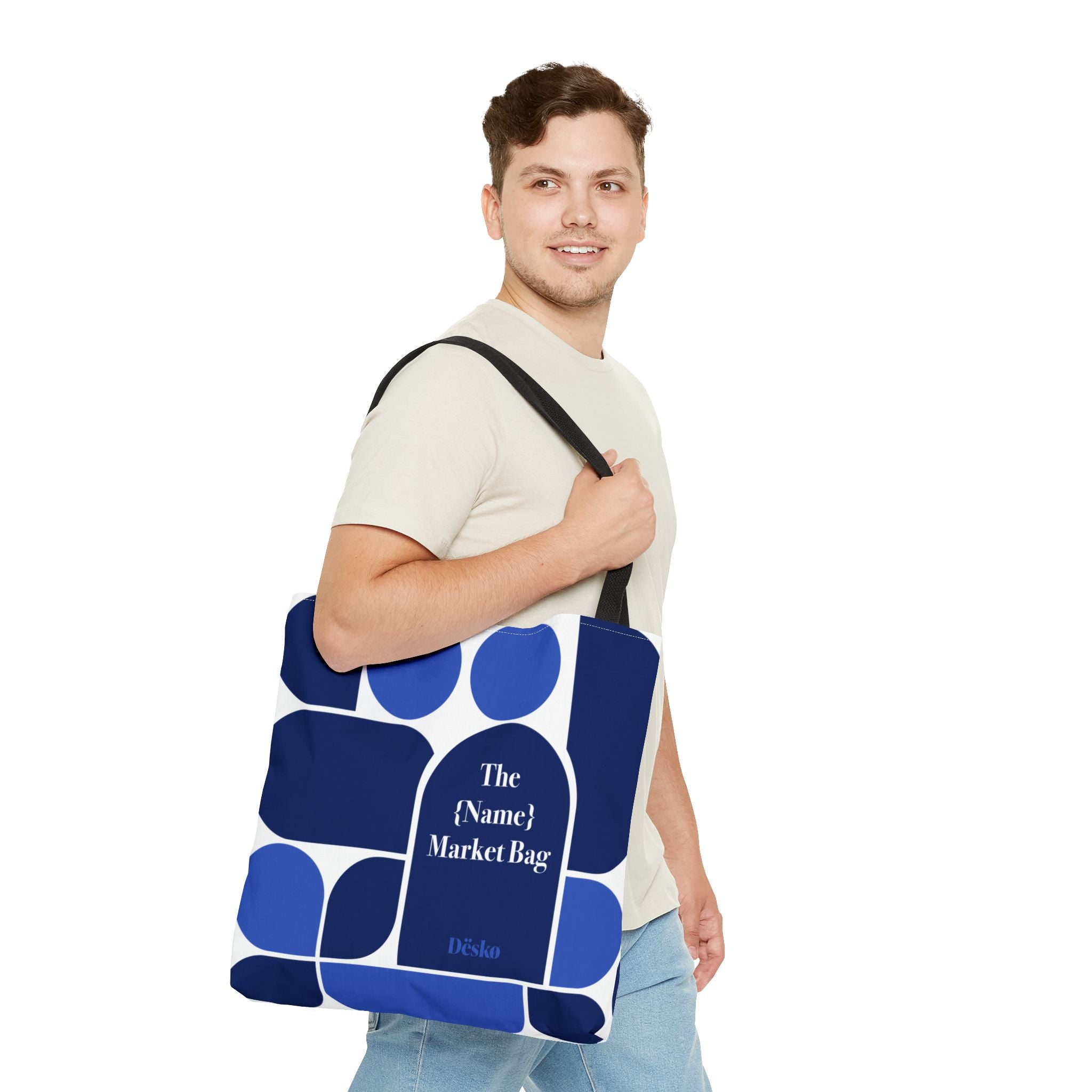Personalized Blue Geometric Market Tote — Custom Name Grocery Bag