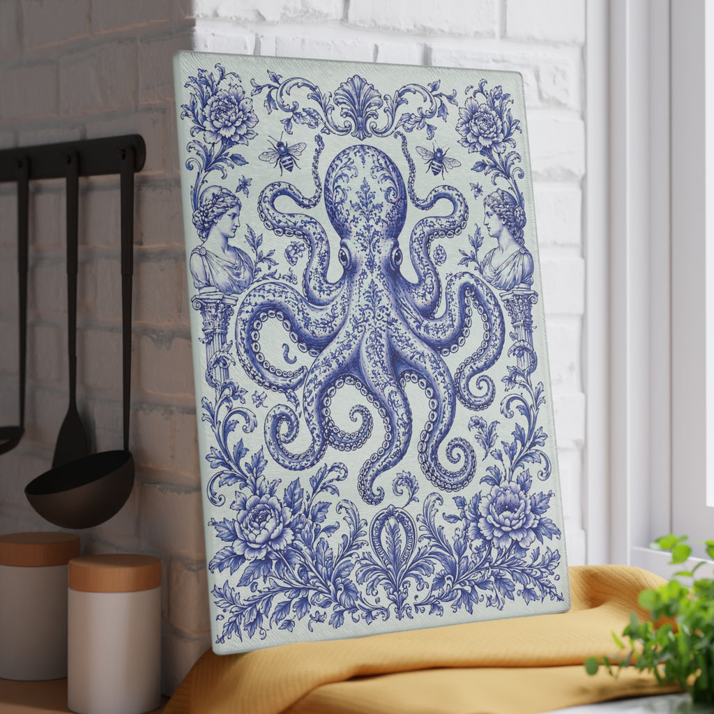 Glass Cutting Board — Blue Delft Octopus Decorative Kitchen Cutting Board