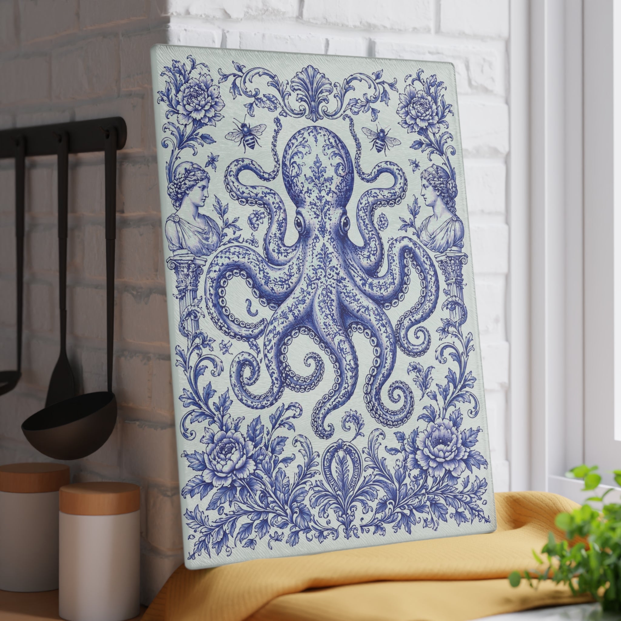 Glass Cutting Board — Blue Delft Octopus Decorative Kitchen Cutting Board