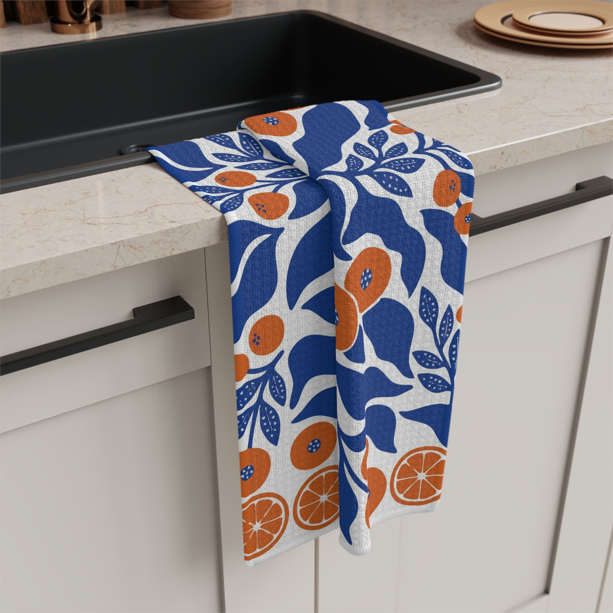 Citrus Grove Microfiber Tea Towel — Blue & Orange Floral Orange Slice Design