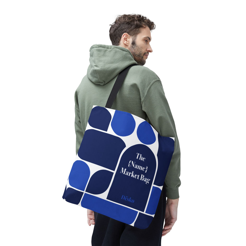 Personalized Blue Geometric Market Tote — Custom Name Grocery Bag