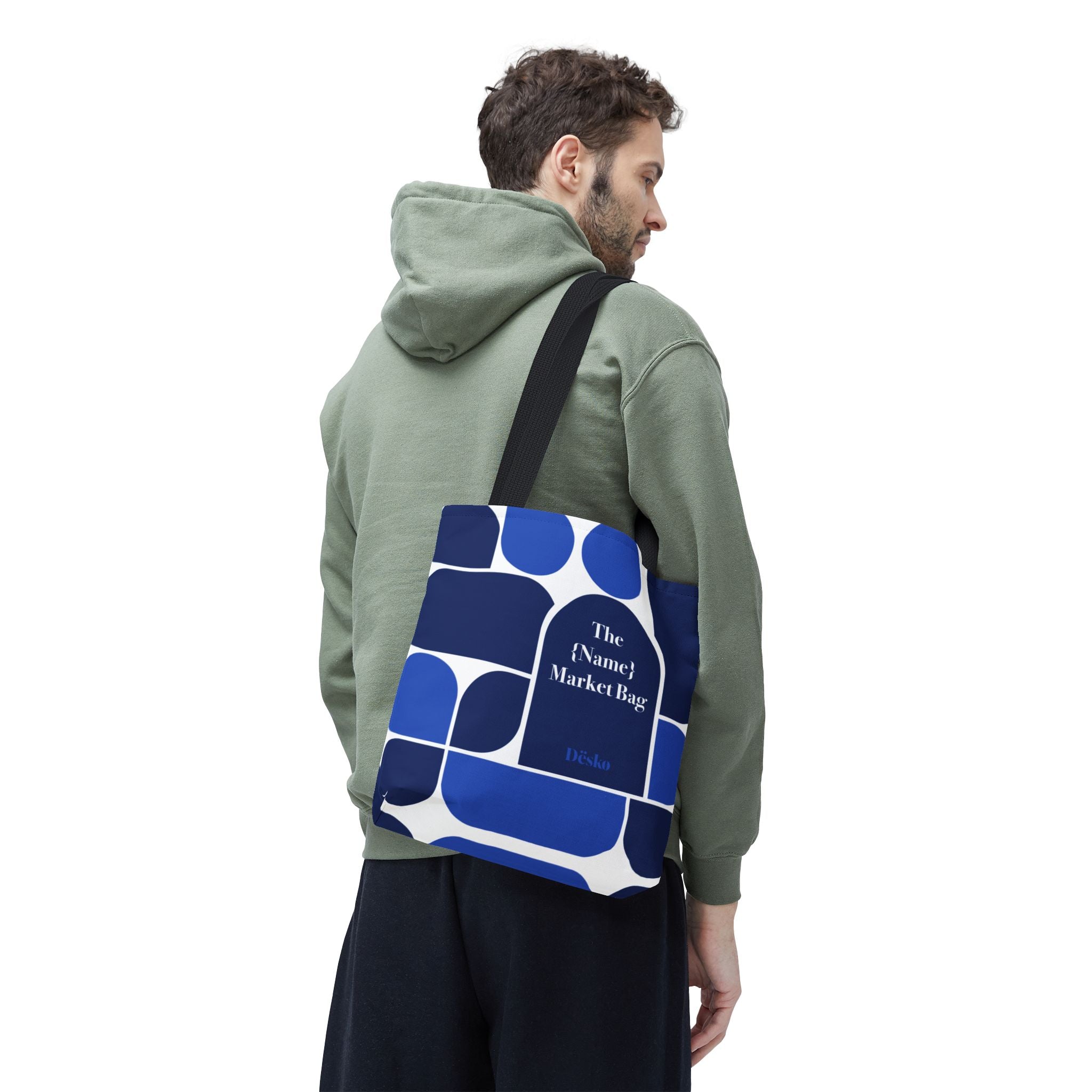 Personalized Blue Geometric Market Tote — Custom Name Grocery Bag