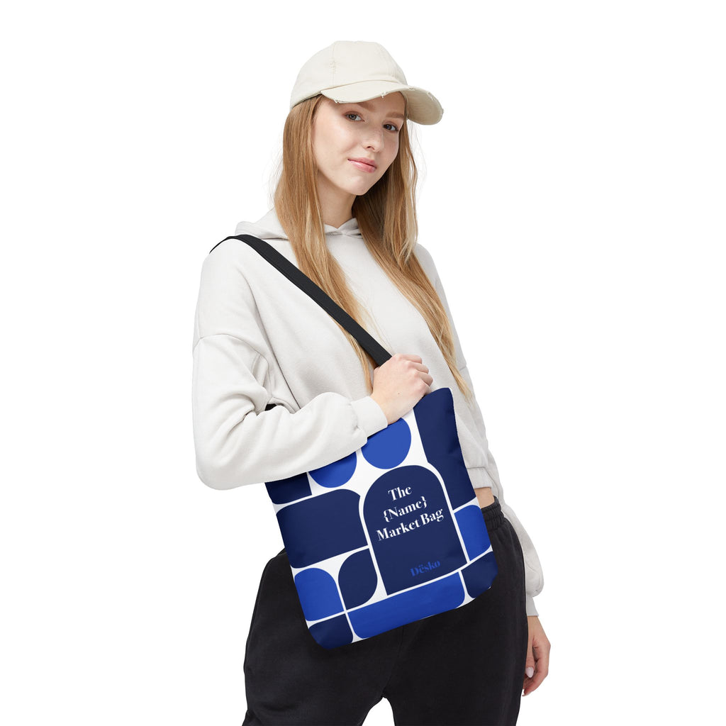 Personalized Blue Geometric Market Tote — Custom Name Grocery Bag