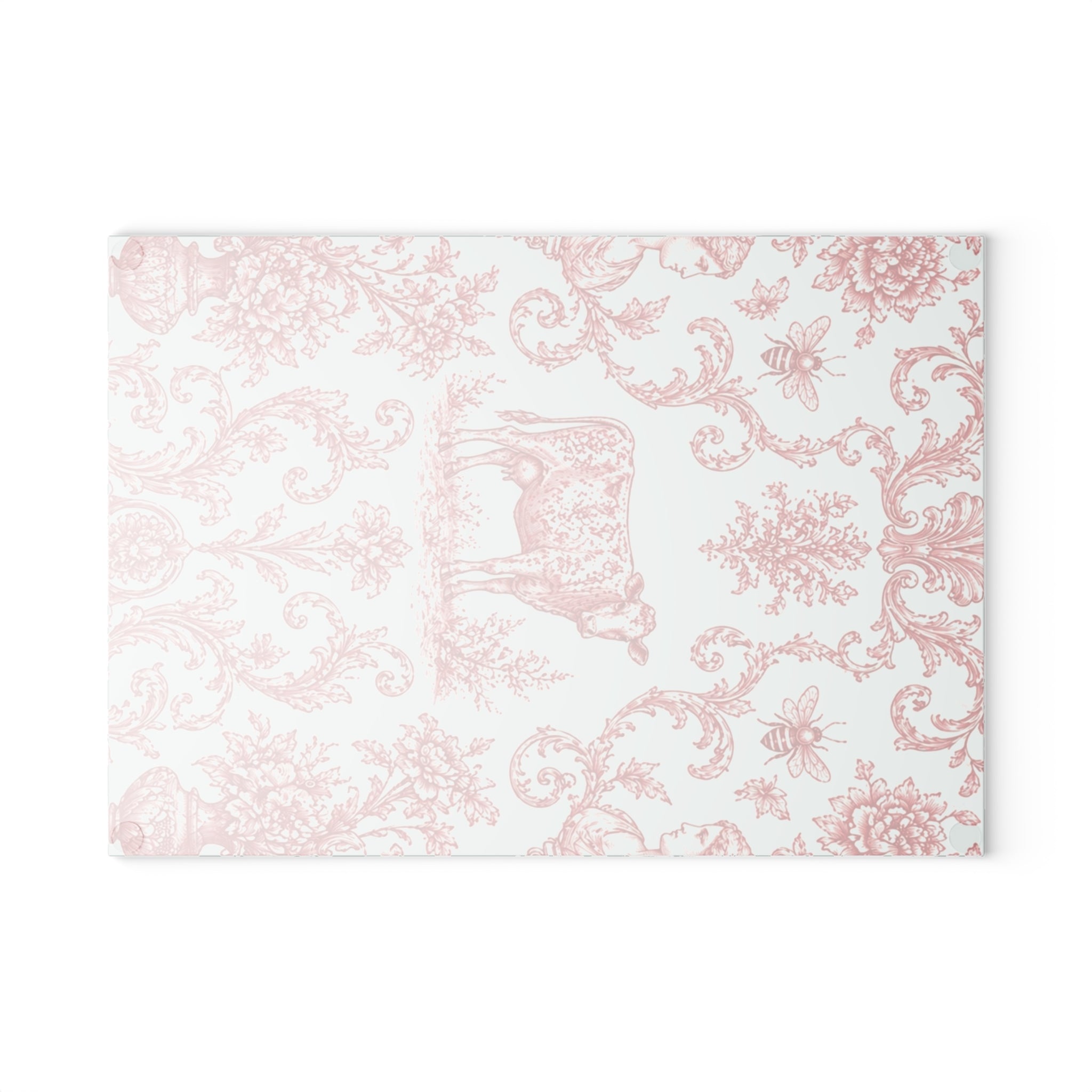 Glass Cutting Board - Vintage Toile Floral with Cow Pattern, Pastel Farmhouse Kitchen Decor