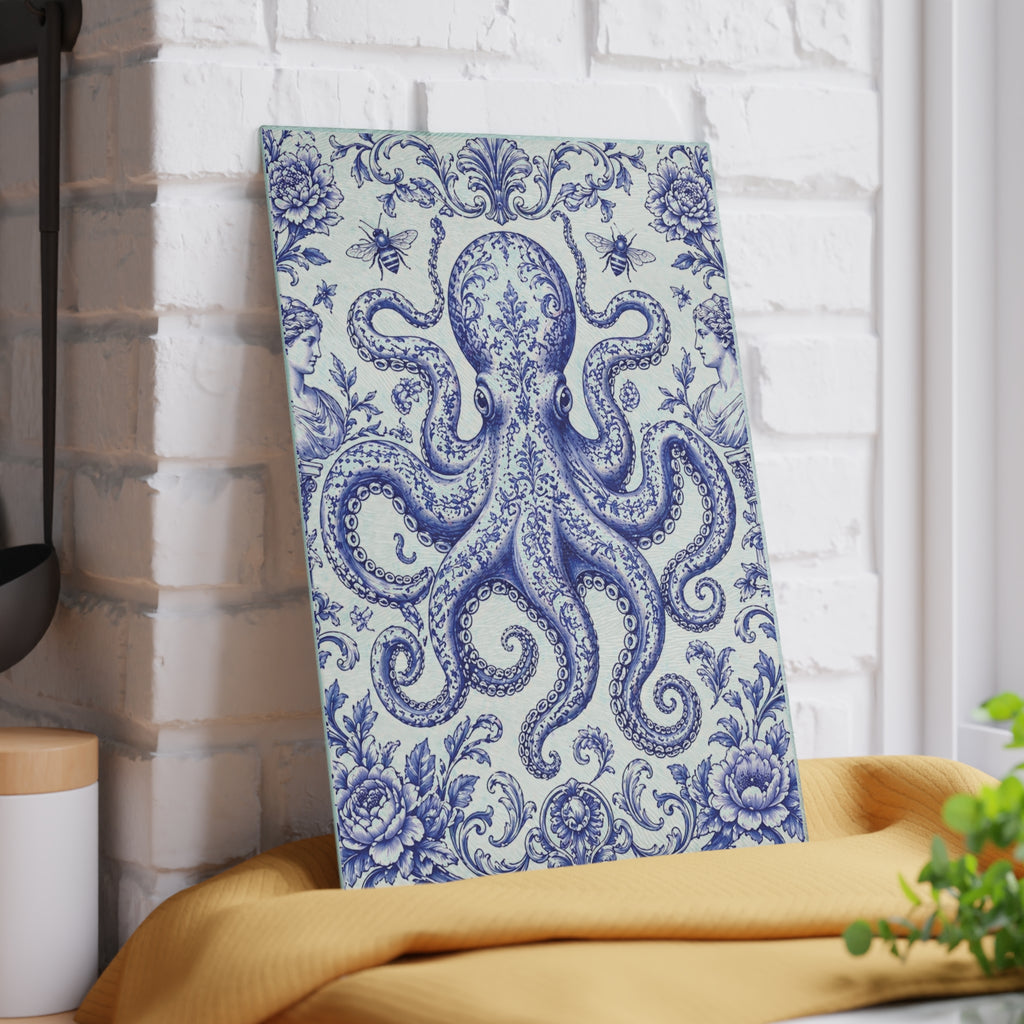Glass Cutting Board — Blue Delft Octopus Decorative Kitchen Cutting Board