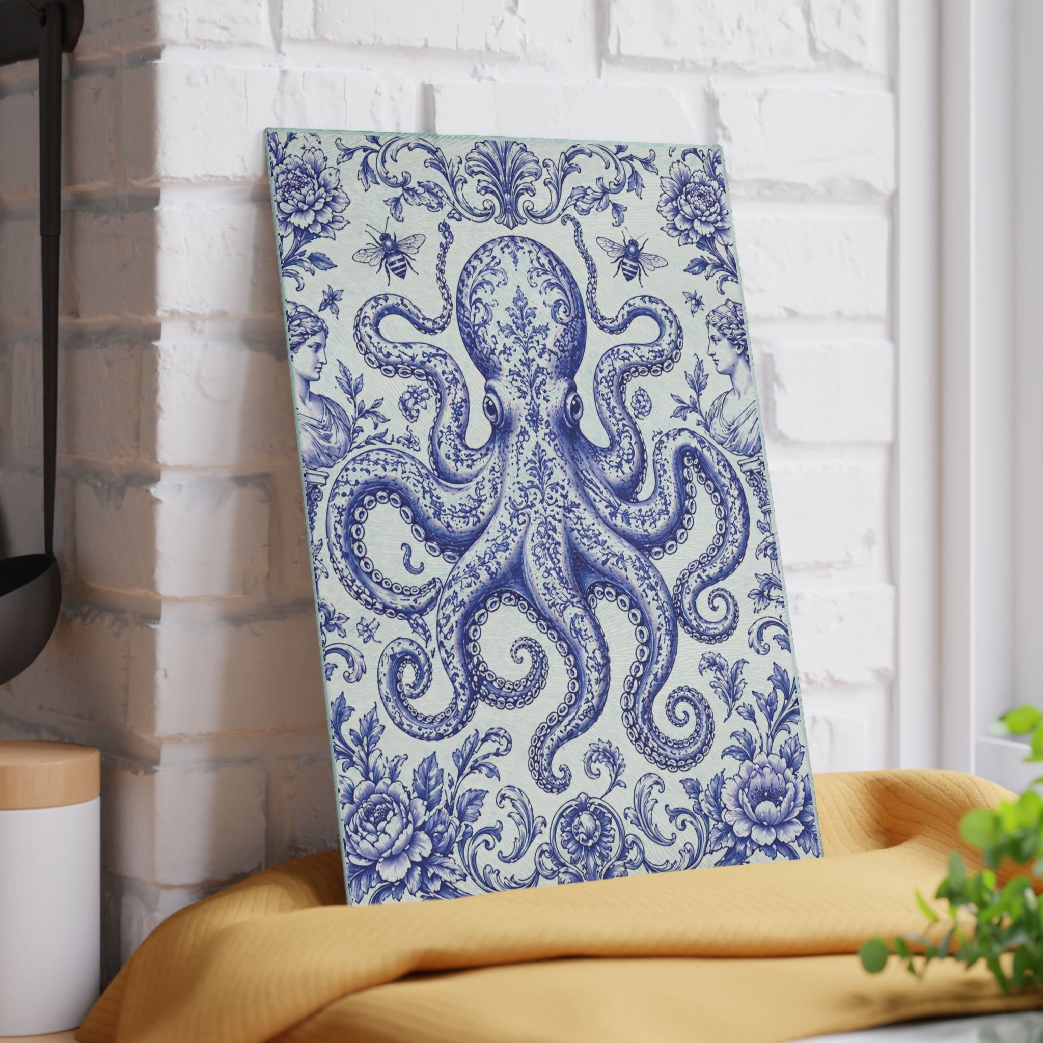 Glass Cutting Board — Blue Delft Octopus Decorative Kitchen Cutting Board
