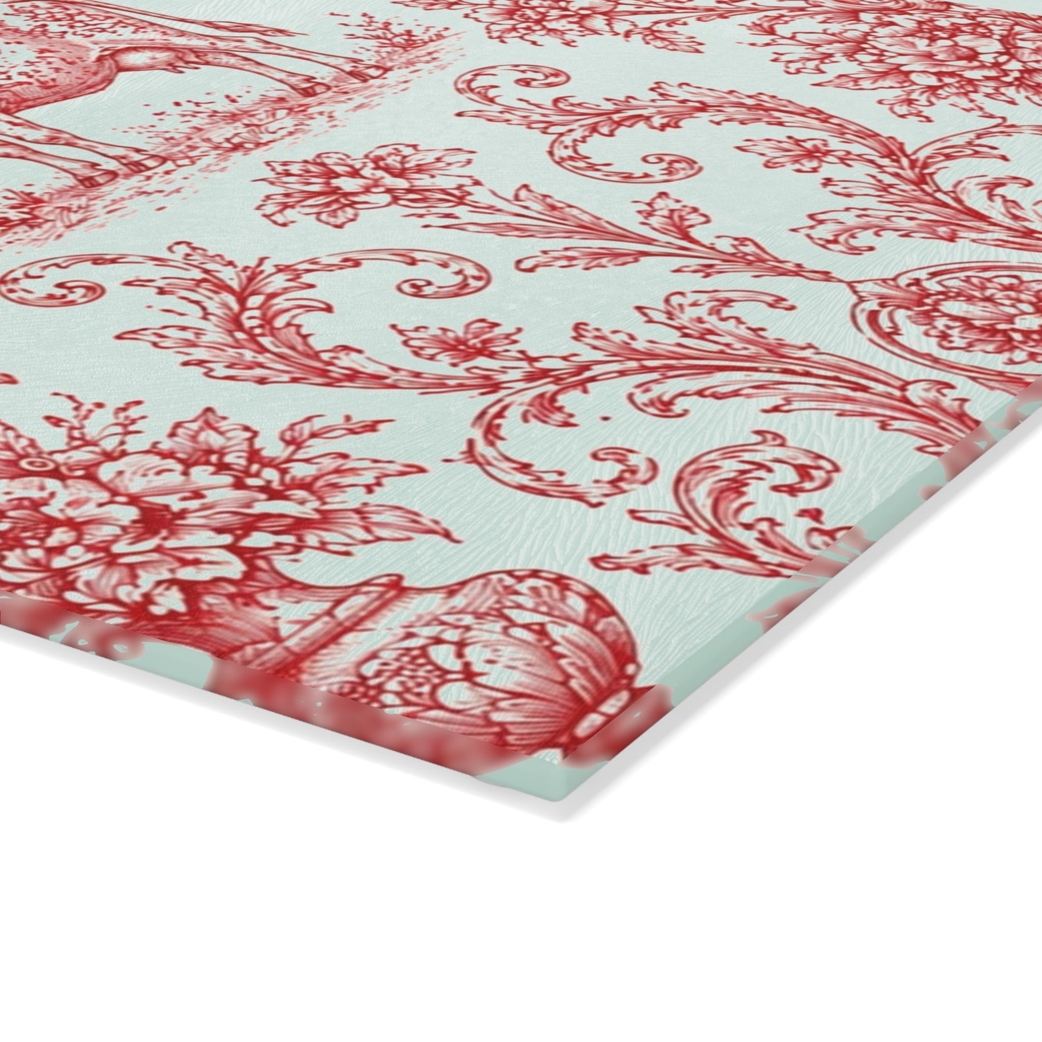 Glass Cutting Board - Vintage Toile Floral with Cow Pattern, Pastel Farmhouse Kitchen Decor