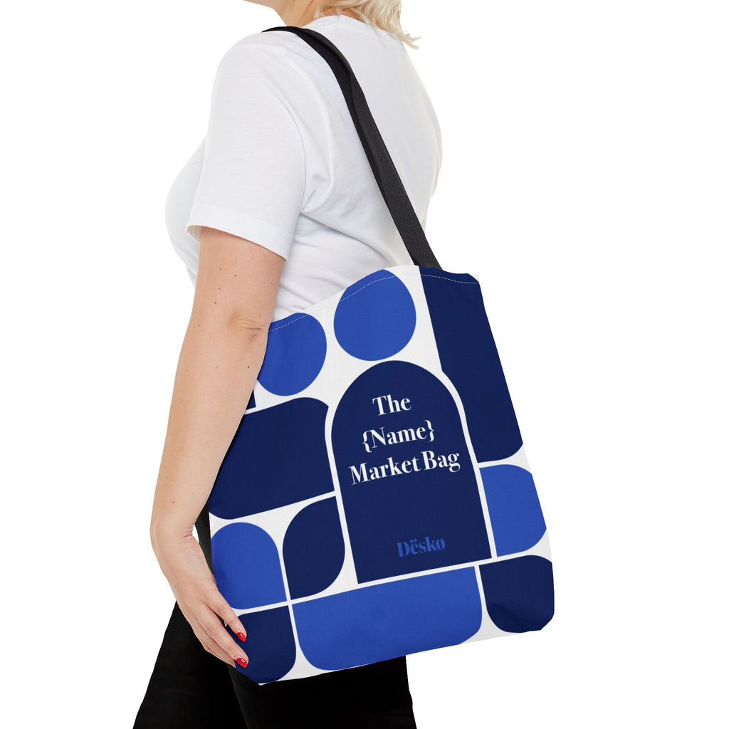 Personalized Blue Geometric Market Tote — Custom Name Grocery Bag