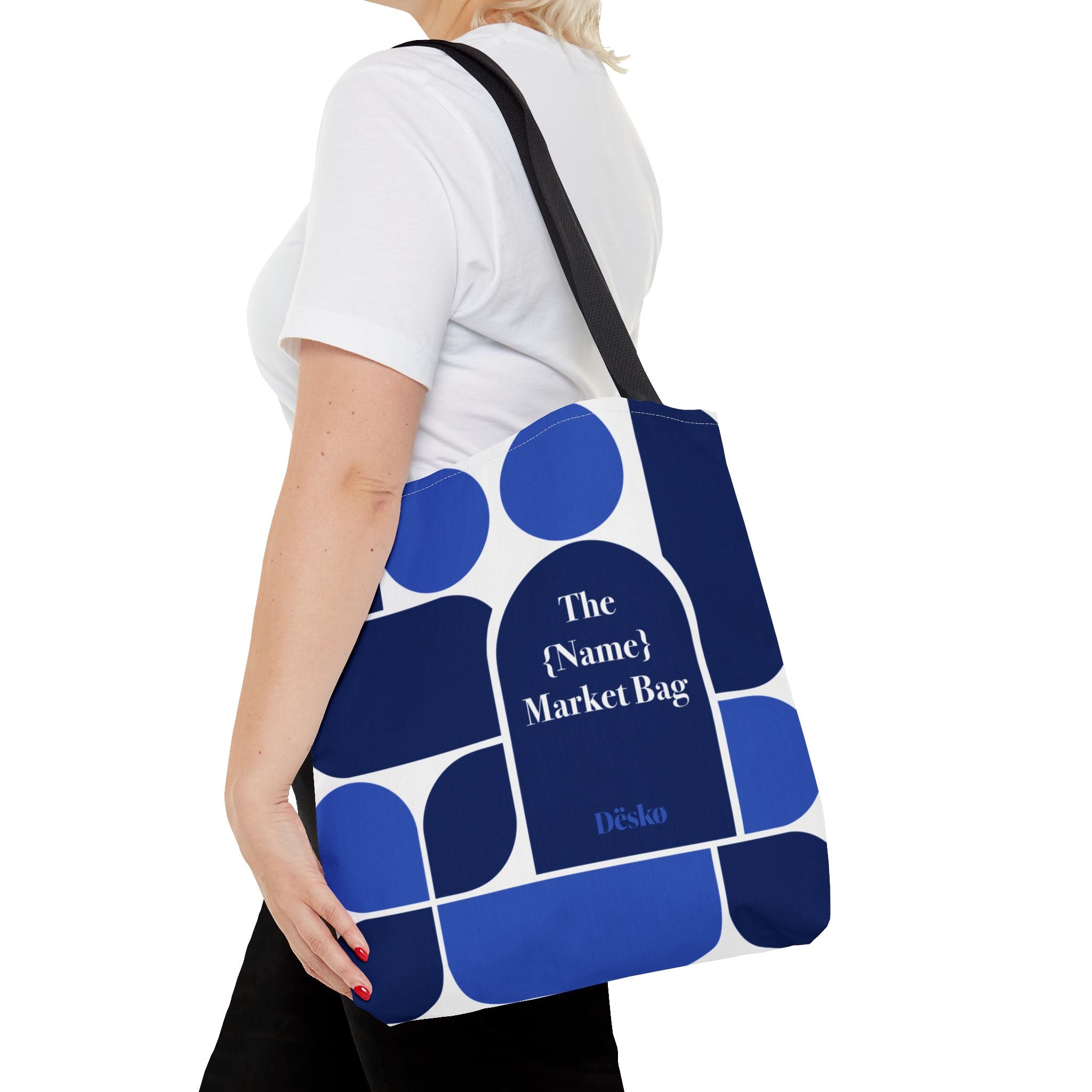Personalized Blue Geometric Market Tote — Custom Name Grocery Bag