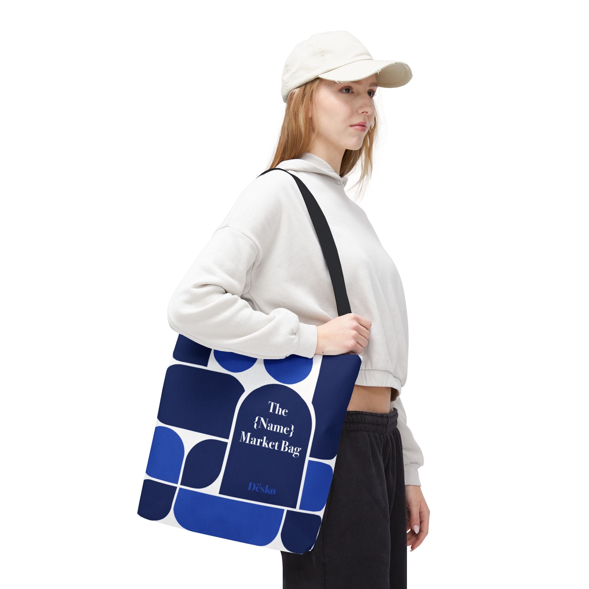 Personalized Blue Geometric Market Tote — Custom Name Grocery Bag