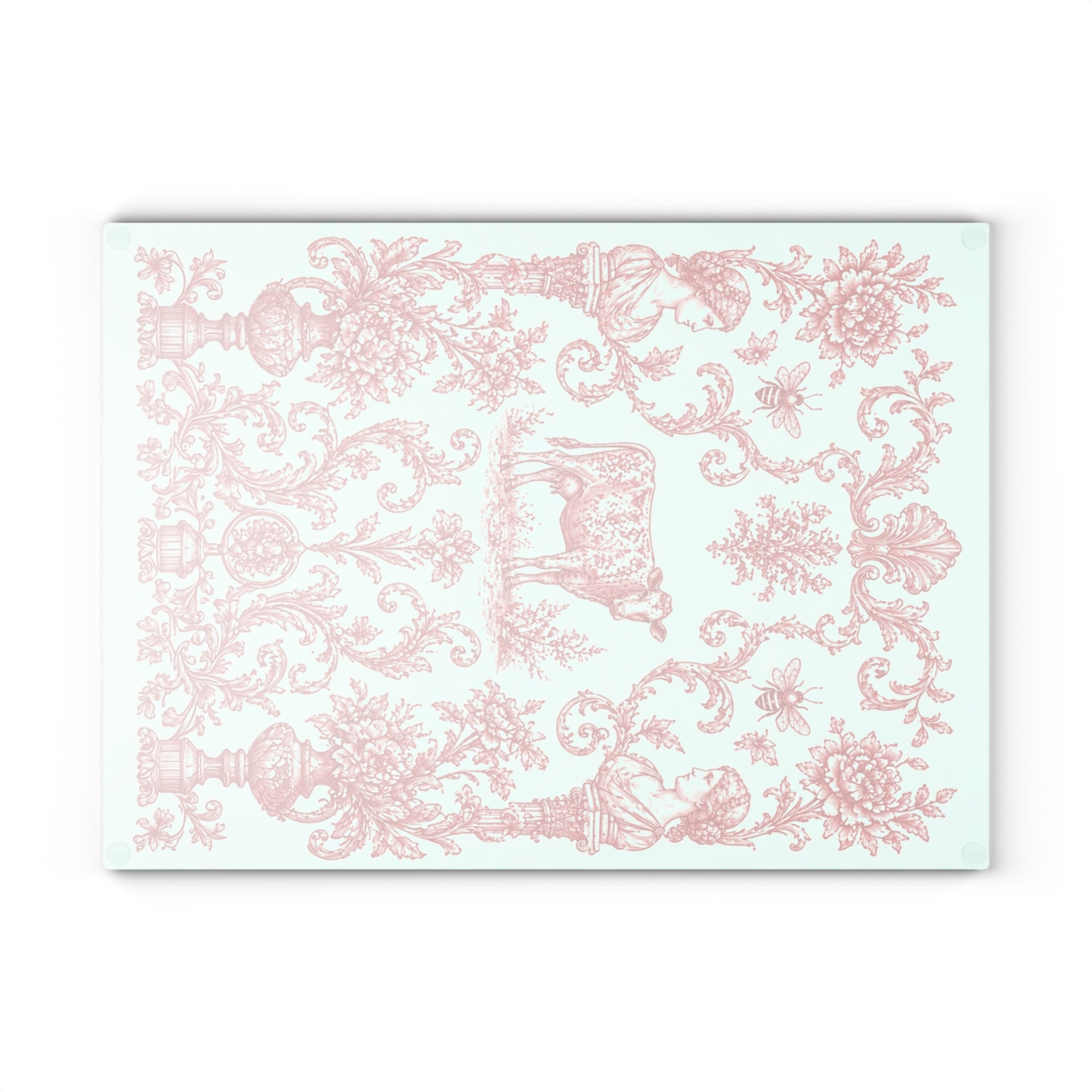 Glass Cutting Board - Vintage Toile Floral with Cow Pattern, Pastel Farmhouse Kitchen Decor