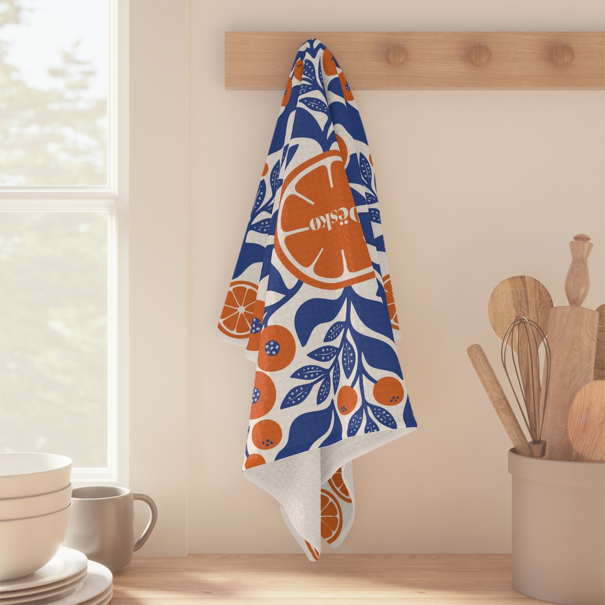 Citrus Grove Microfiber Tea Towel — Blue & Orange Floral Orange Slice Design