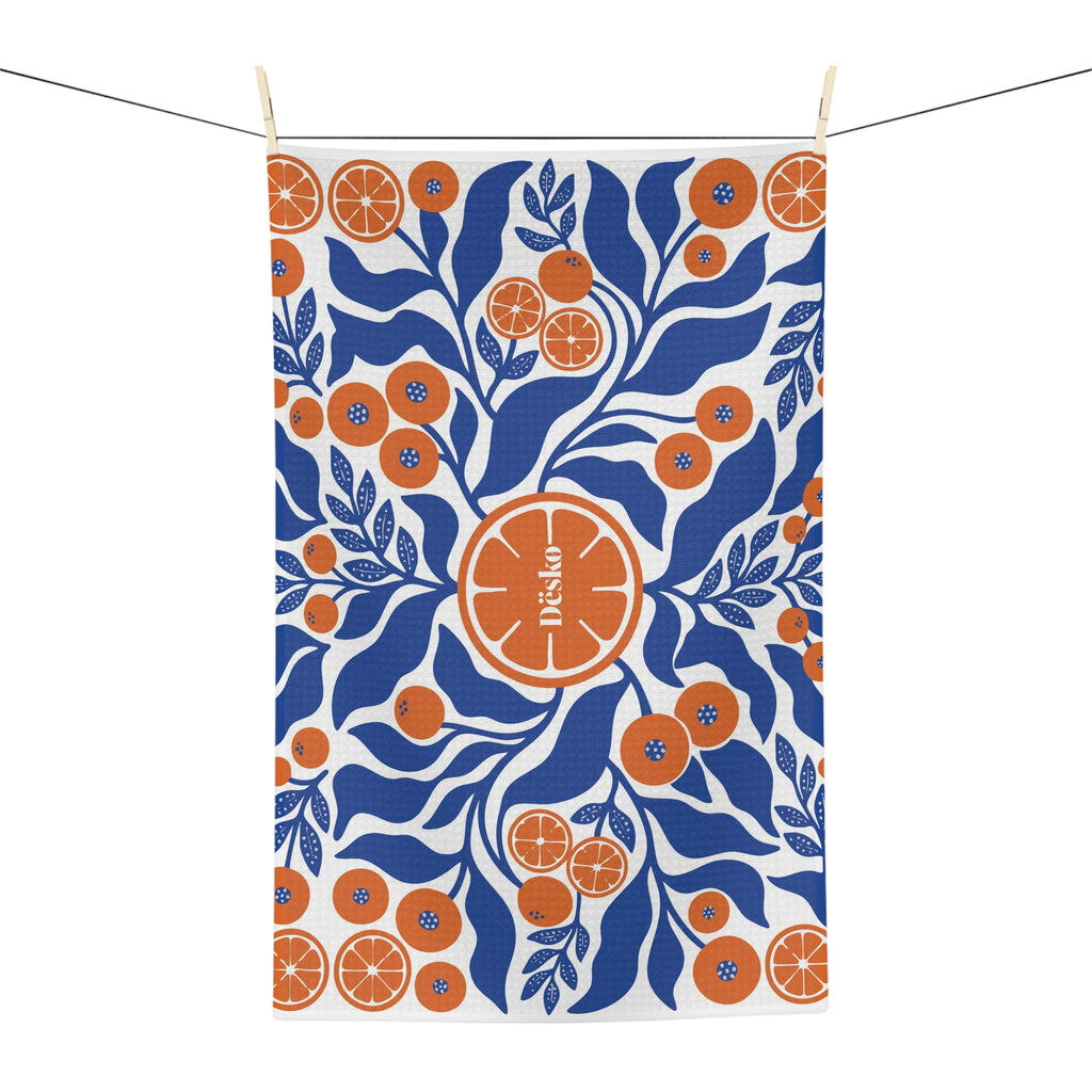 Citrus Grove Microfiber Tea Towel — Blue & Orange Floral Orange Slice Design