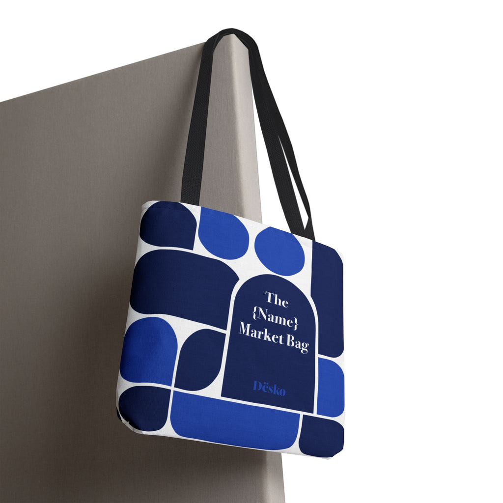 Personalized Blue Geometric Market Tote — Custom Name Grocery Bag