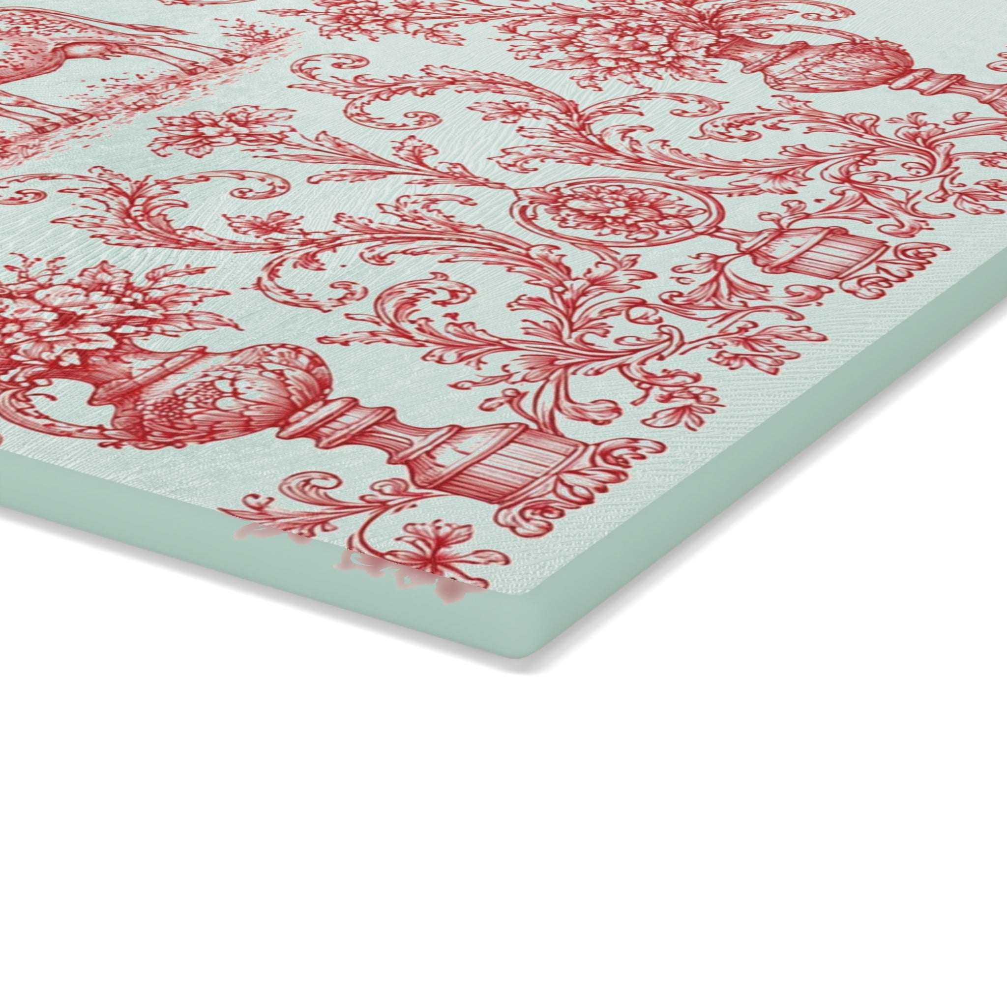 Glass Cutting Board - Vintage Toile Floral with Cow Pattern, Pastel Farmhouse Kitchen Decor