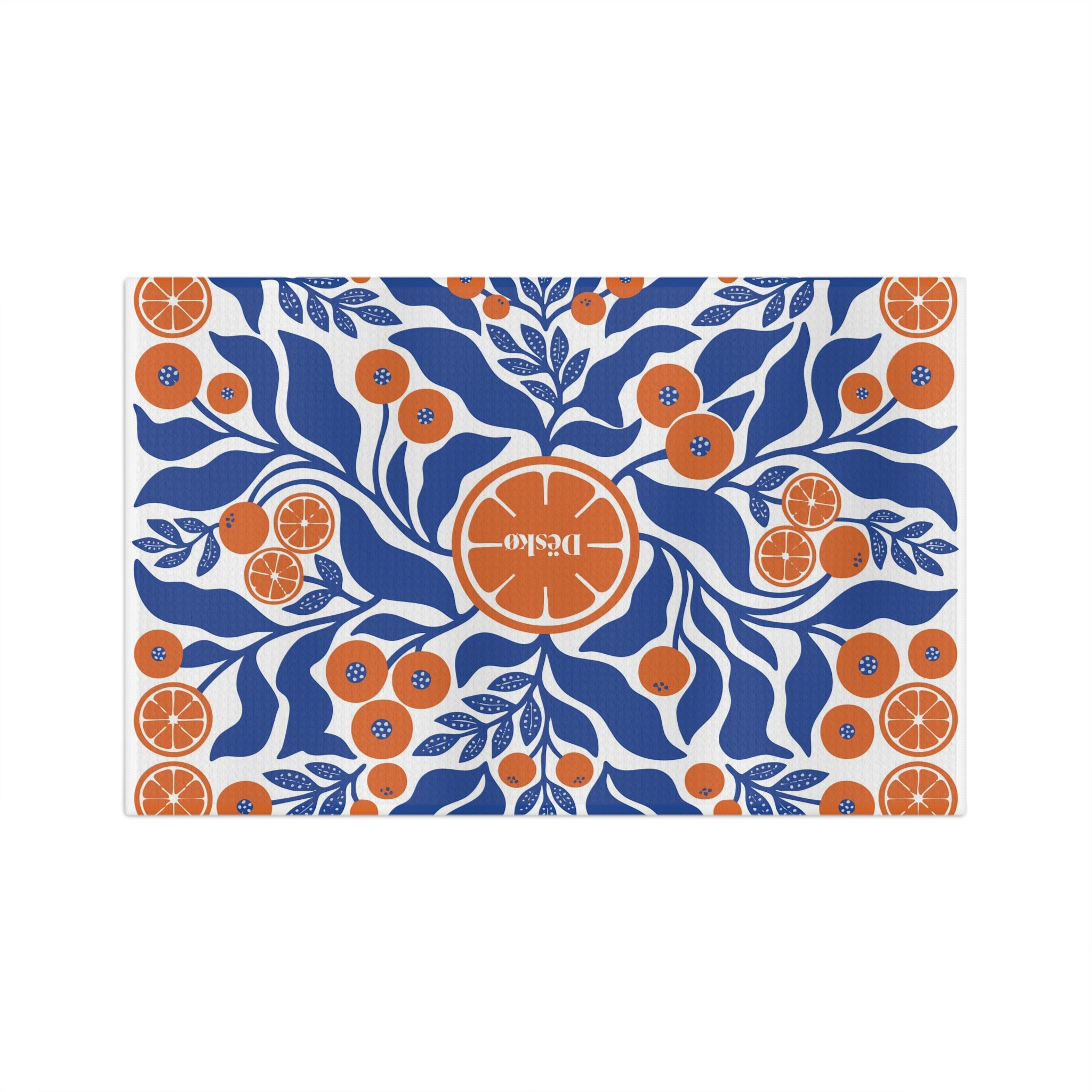 Citrus Grove Microfiber Tea Towel — Blue & Orange Floral Orange Slice Design