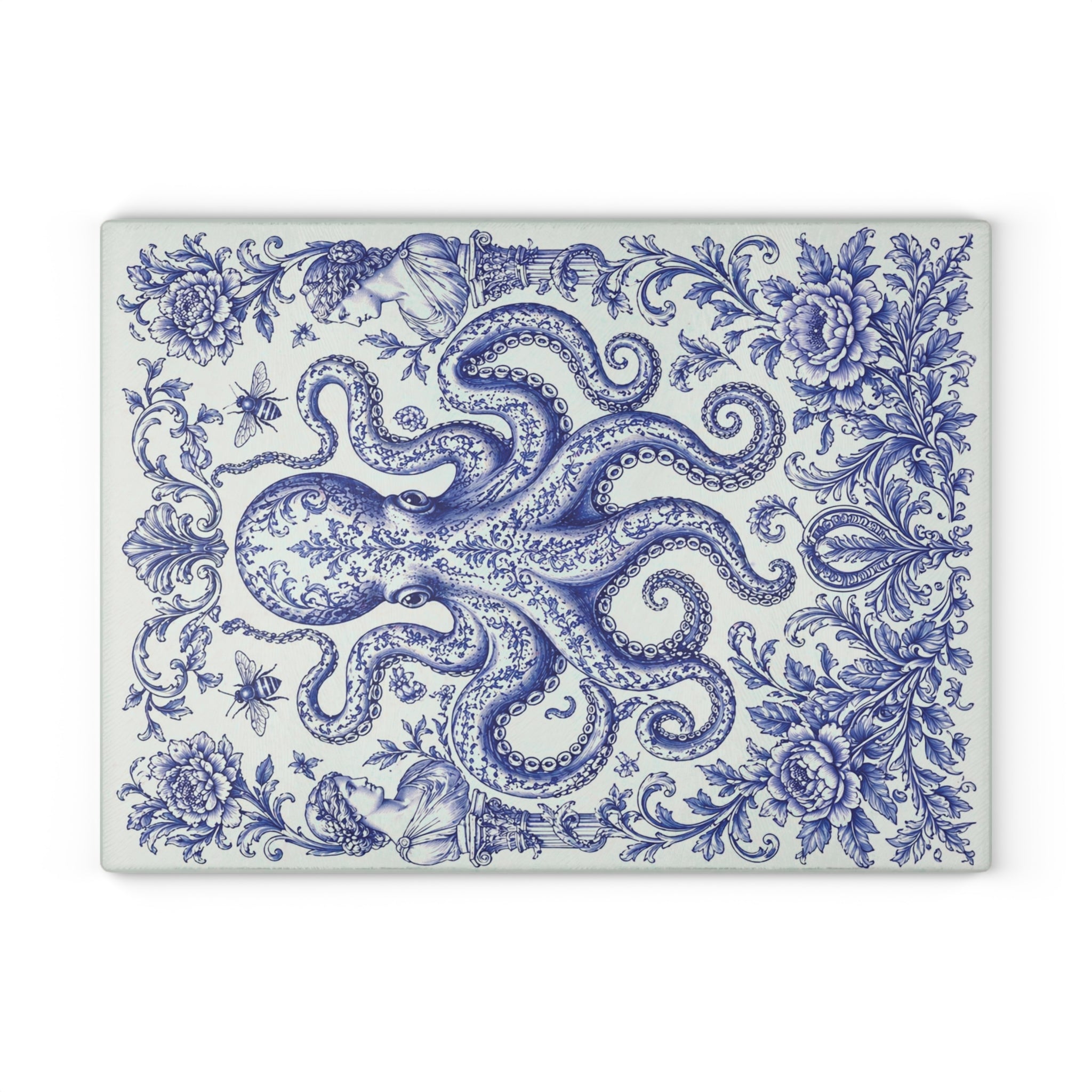 Glass Cutting Board — Blue Delft Octopus Decorative Kitchen Cutting Board