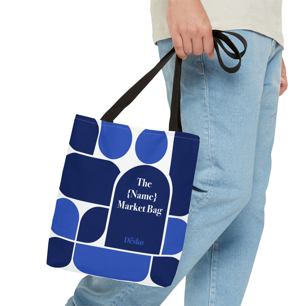 Personalized Blue Geometric Market Tote — Custom Name Grocery Bag