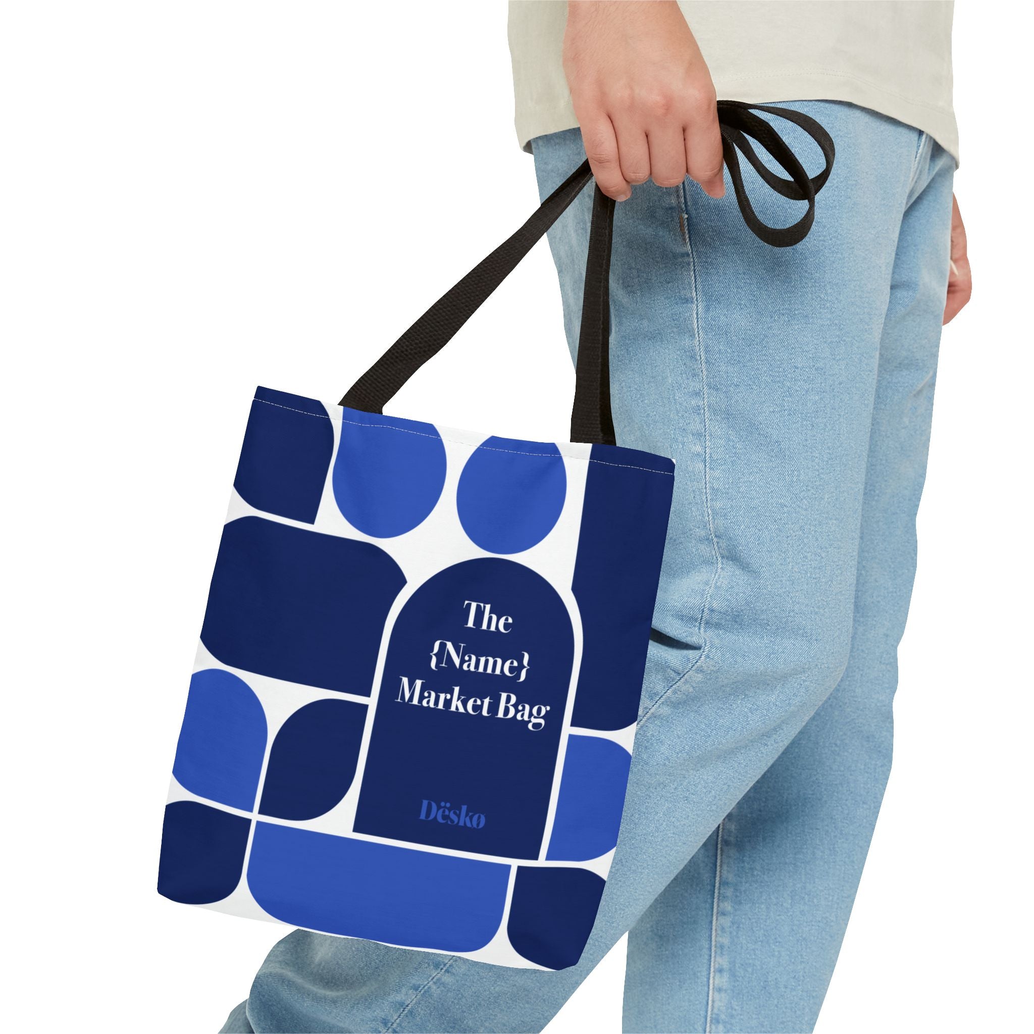 Personalized Blue Geometric Market Tote — Custom Name Grocery Bag