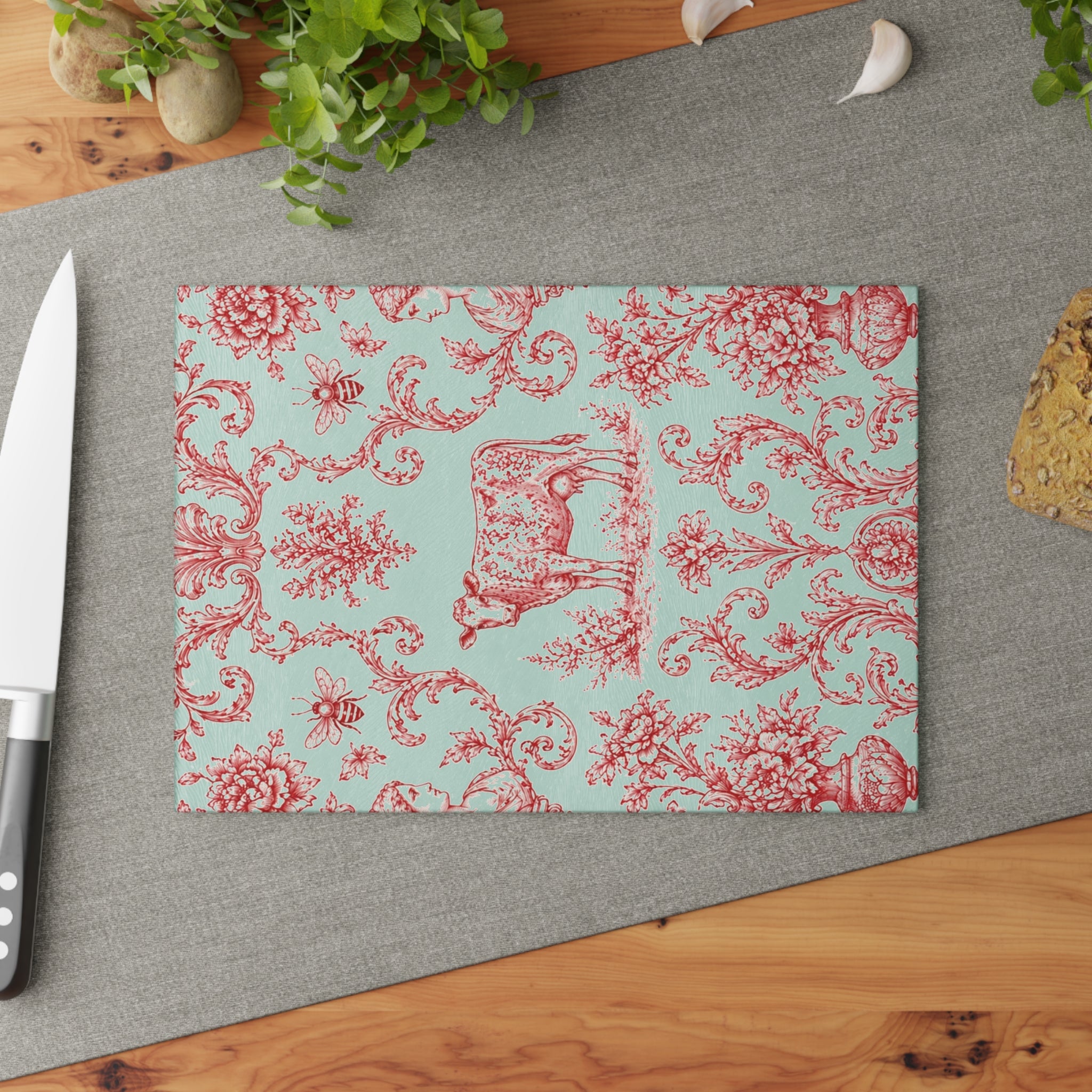Glass Cutting Board - Vintage Toile Floral with Cow Pattern, Pastel Farmhouse Kitchen Decor