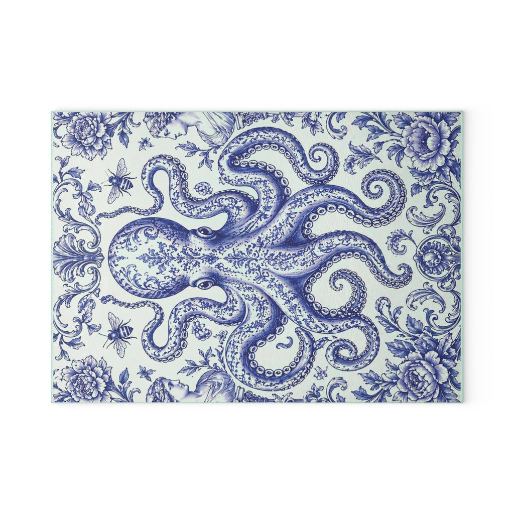 Glass Cutting Board — Blue Delft Octopus Decorative Kitchen Cutting Board