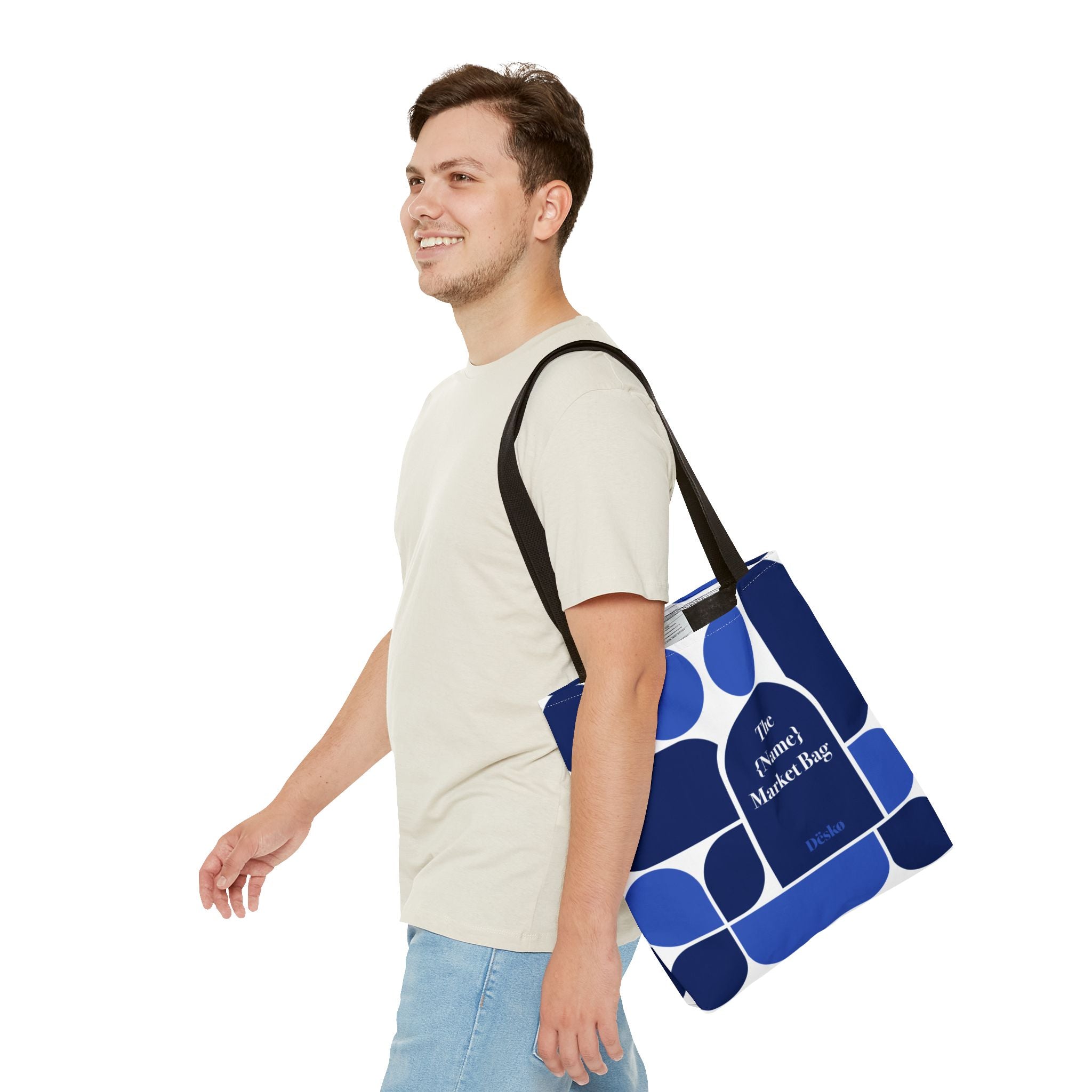 Personalized Blue Geometric Market Tote — Custom Name Grocery Bag