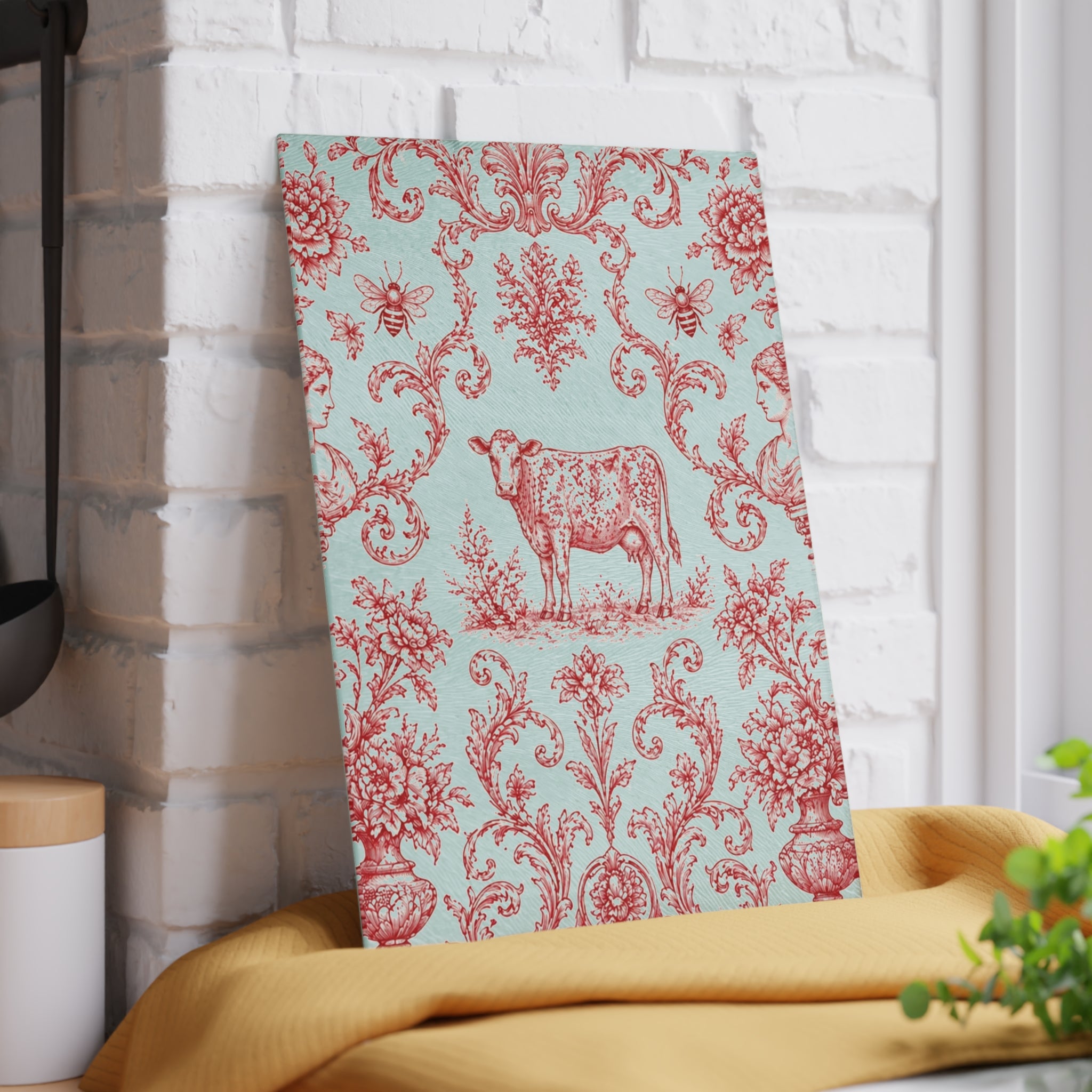 Glass Cutting Board - Vintage Toile Floral with Cow Pattern, Pastel Farmhouse Kitchen Decor