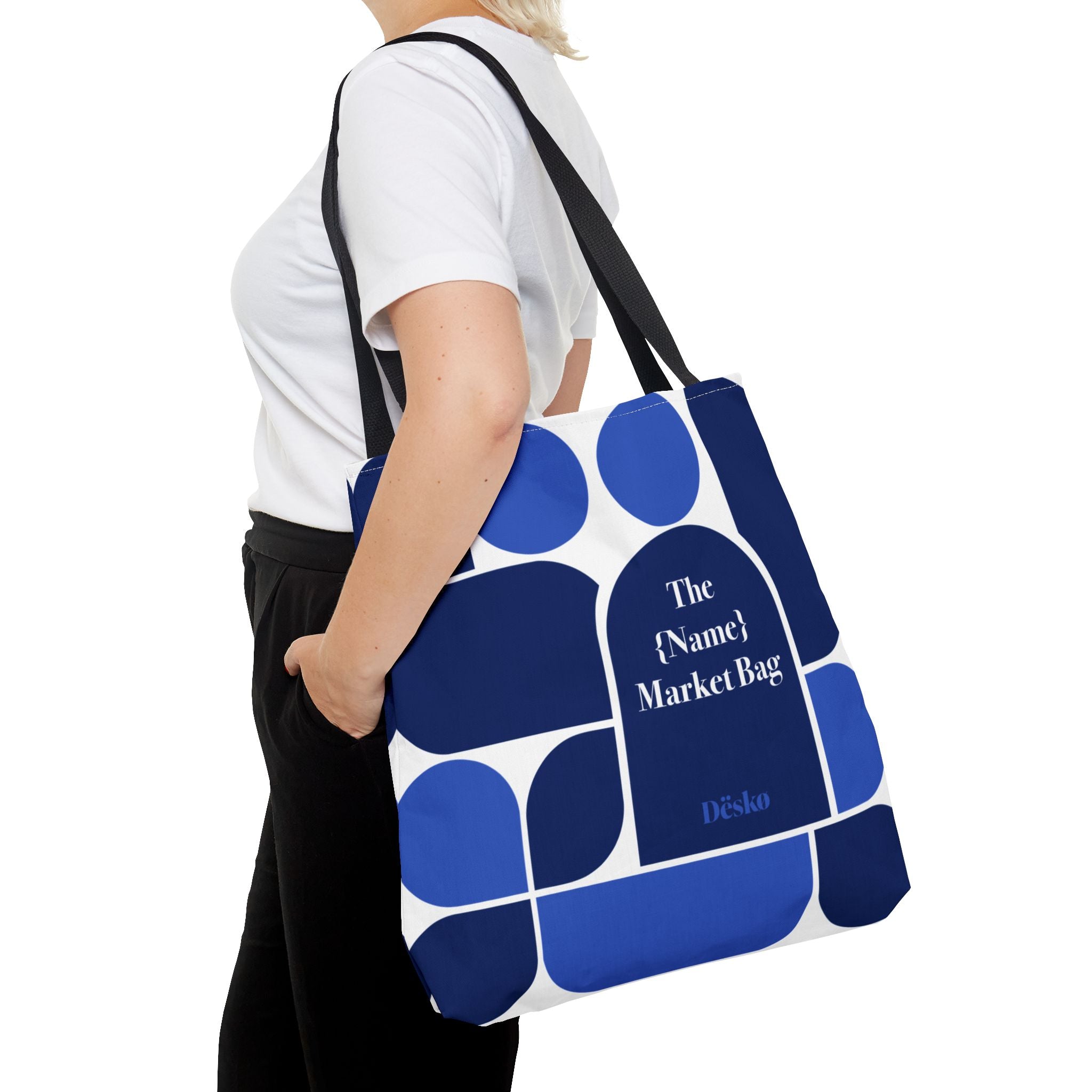 Personalized Blue Geometric Market Tote — Custom Name Grocery Bag