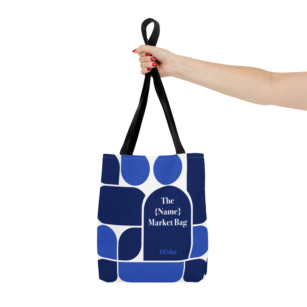 Personalized Blue Geometric Market Tote — Custom Name Grocery Bag
