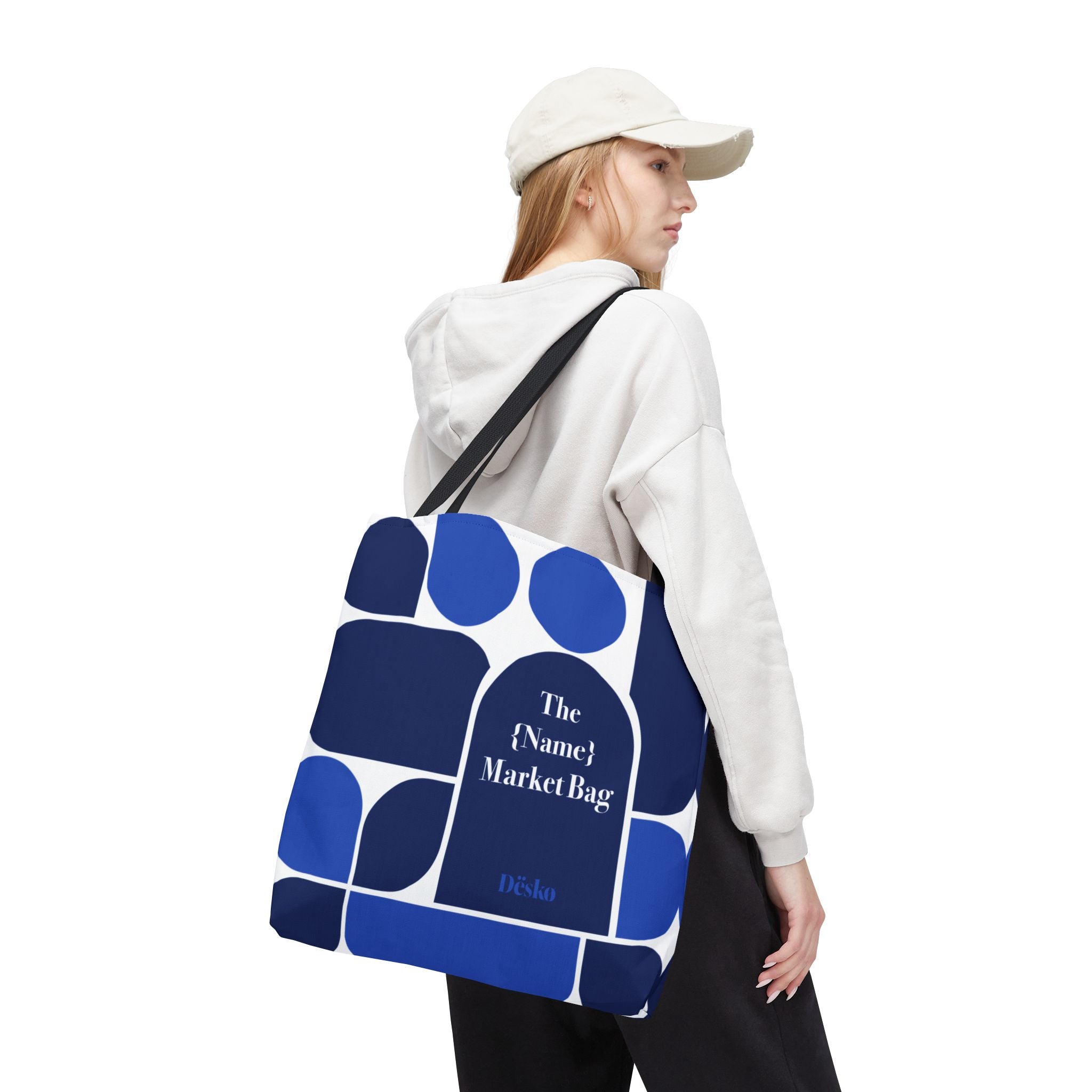 Personalized Blue Geometric Market Tote — Custom Name Grocery Bag